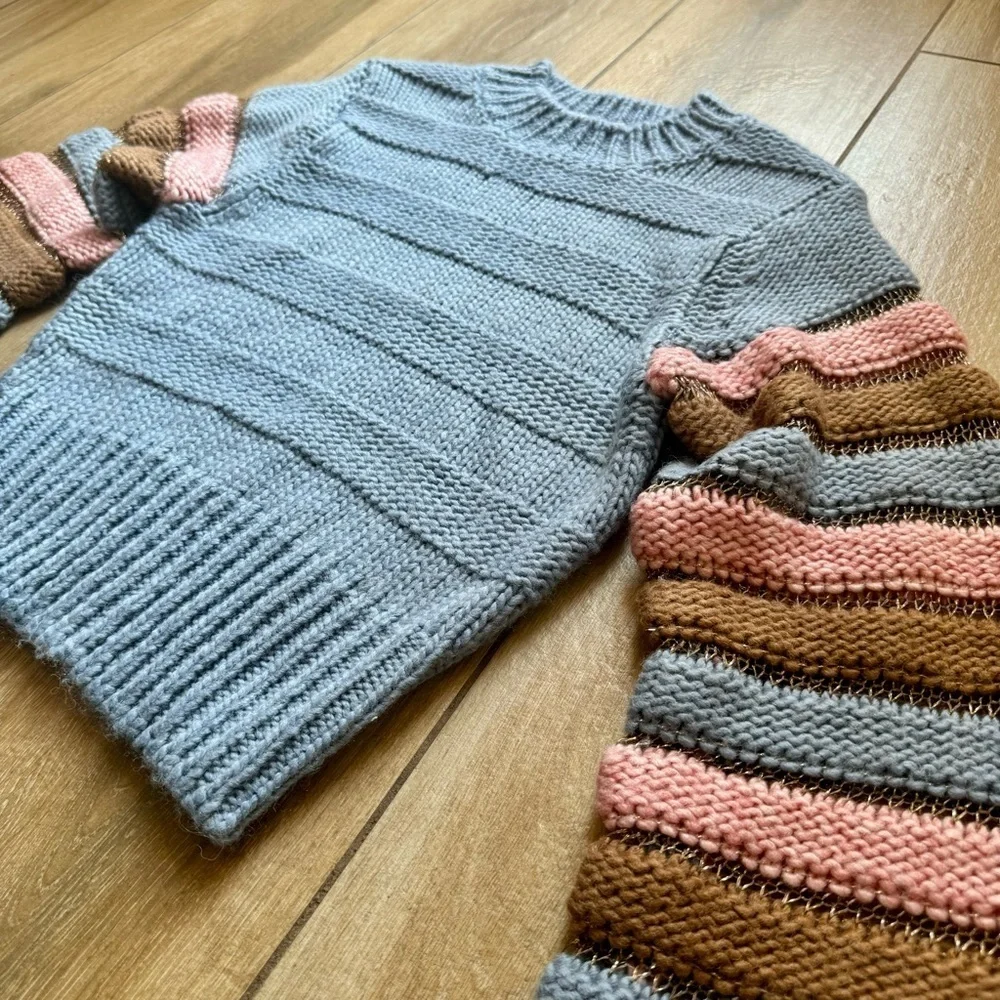 Lush Clothing Blue Sweater With Striped Sleeves